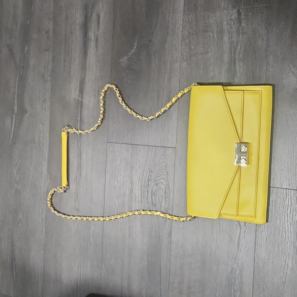 Tory Burch T-Lock Saffiano Leather Clutch w/ shoulder strap/crossbody, Yellow - Picture 2 of 10